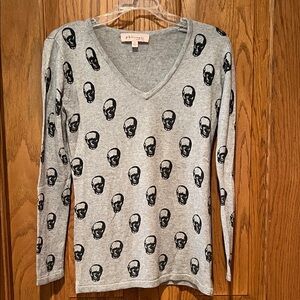 Philosophy Gray V-Neck Sweater with Black Skull Pattern